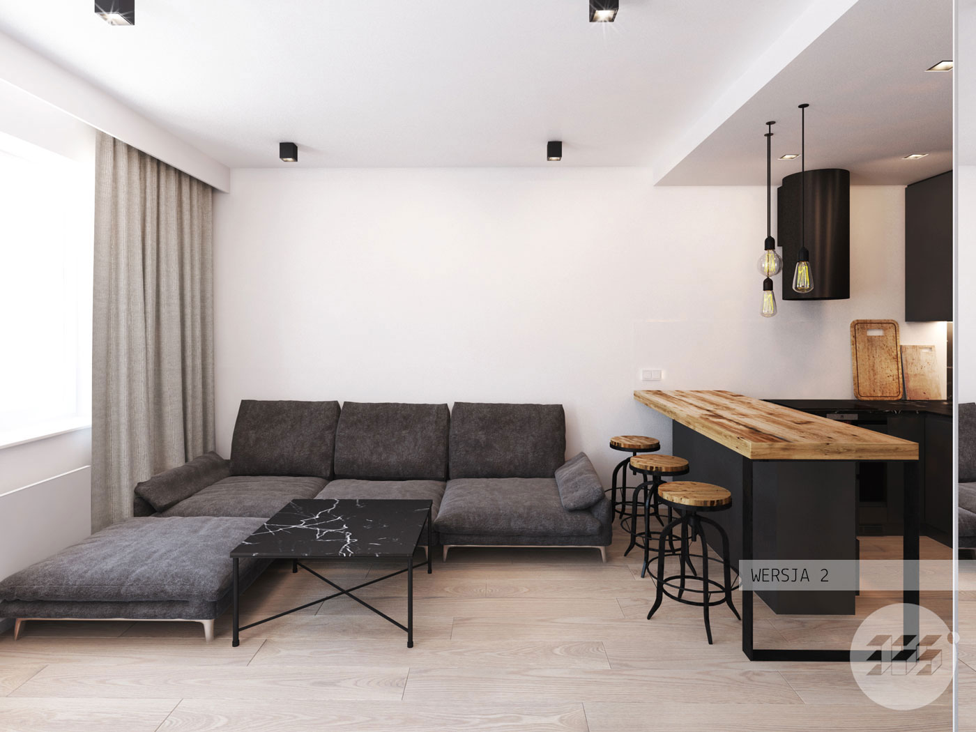 Projekt wnętrza w Słubicach - minimalizm - industrial - loft - monochrom